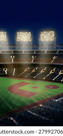 Vertical view of packed 3D baseball stadium and illuminated field at night. Concept of championship advertising, vertical game day posters, arena lighting and tournament backdrops.