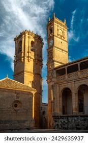 Vertical view of the Plaza Monumental de Alcaraz, Albacete, Castilla la Mancha, Spain, with the Torre del Tardón and the church as protagonists