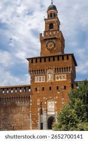Vertical view of Sforza Castle’s clock tower in Milan, showcasing medieval architecture, red bricks, and historic design. Perfect for travel, tourism, and cultural heritage visuals.