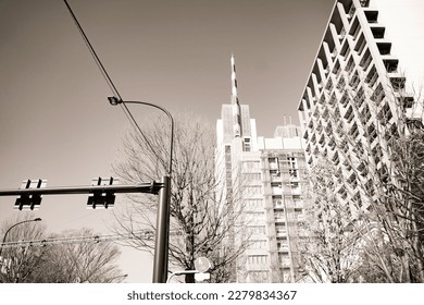 Vertical view of tall buildings in dark tones. day concept not feeling bright, gloomy. - Shutterstock ID 2279834367