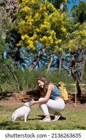 Vertical View Of Tourist Woman With Dog In The Park On Spring. Vertical Full Body View Of Woman With Bulldog In The Park At Yellow Spring Time. People Lifestyle In Summer