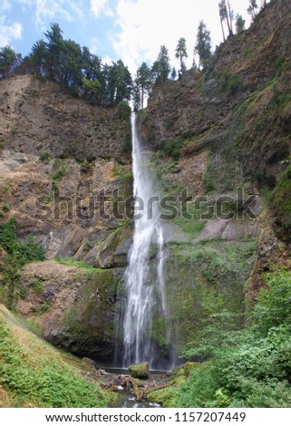 Vertical view of the upper level of Multnomah Falls. Multnomah Falls is located in the Columbia River Gorge, east of Troutdale, between Corbett and Dodson, Oregon, United States. 