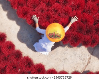 Vertical view of Vietnamese Woman Arranging Red Incense Sticks for Drying – Traditional Craftsmanship, Cultural Heritage in Vietnam, Aerial View Ideal for Cultural, Traveling and Artisan Themes - Powered by Shutterstock