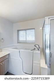 Vertical Walk-in bathtub with elderly and handicapped accessibility. There is a vanity sink with mirrors on the right and shower stall with frosted glass and aluminum frames. - Shutterstock ID 2259715389