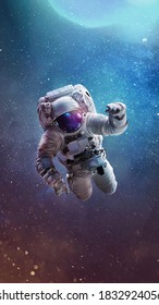 Vertical wallpaper with astronaut in outer bright space with stars and galaxies. Elements of this image furnished by NASA