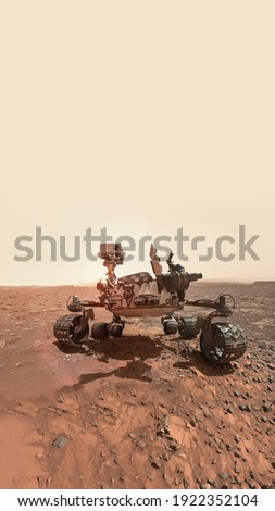 Vertical wallpaper of rover on Mars surface. Exploration of red planet. Space station expedition. Perseverance. Expedition of Curiosity. Elements of this image furnished by NASA