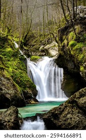A vertical of a waterfall cascading down over rocky terrain and lush greenery