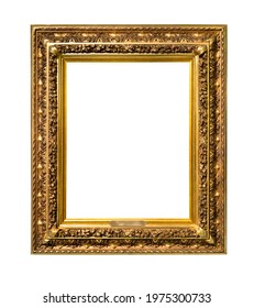 vertical wide wooden carved golden picture frame with nameplate and blank canvas cutout on white background