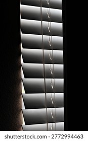 Vertical window blinds filter dim light into a dark interior, creating narrow shadows that reflect nightshift fatigue, isolation, and quiet depressive stillness.