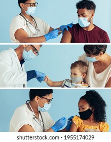 Vertically Assorted Image Of Frontline Workers Giving Vaccine To People. Doctors And Nursed Vaccinating People During Covid-19 Pandemic.