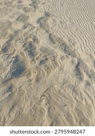 Vertically oriented aerial or satellite-style view of an arid desert landscape characterized by extensive wind-shaped sand dunes and rugged terrain. The scene is dominated by light tan, beige, and sandy brown tones, with darker brown and charcoal colored patches that may represent exposed rock formations, compacted sediment, volcanic material, or shadowed depressions. The overall composition creates abstract, textured pattern that resemble a topographic map or remote sensing image of a desert environment.
Across much of the image, especially on the right side, there are prominent parallel dune ridges and rippled formations. These elongated wave-like patterns run diagonally and horizontally across the landscape, indicating the influence of the prevailing winds over a long period of time. The dunes vary in size and spacing, creating a complex natural texture typical of large dune fields, sand seas, or ergs found in arid regions. 
The image exhibits a highly textured surface with strong visual repetition, making it suitable for use in studies of geomorphology, desert environments, remote sensing, geology, climate science, environmental monitoring, and natural landscape analysis. The natural patterns create an abstract appearance that may also resemble flowing fabric, fingerprints, contour lines, or fluid dynamics when viewed without geographic context. Numerous small ridges, channels, and branching forms can be observed across the terrain, indicating the combined effects of aeolian wind-driven activity and possible historical water erosion. The landscape appears dry and largely devoid of visible vegetation, roads, buildings, infrastructure, or human activity. No people, animals, vehicles, or structures are visible within frame. 
