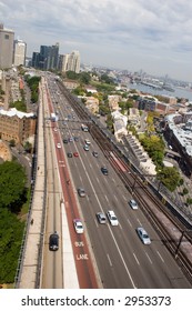 Vertically oriented view of a highway through Sydney, Australia, leading to and from the famous Harbour Bridge