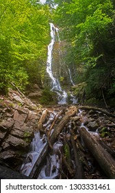 Vertical-Mingo Falls In Summer On The Cherokee Indian Reservation.
