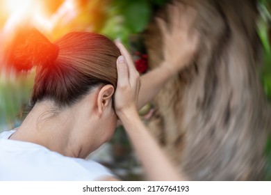 Vertigo Illness Concept. Man Hands On His Head Felling Headache Dizzy Sense Of Spinning Dizziness,a Problem With The Inner Ear, Brain, Or Sensory Nerve Pathway.