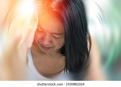 Vertigo Illness Concept. Woman Hands On His Head Felling Headache Dizzy Sense Of Spinning Dizziness,a Problem With The Inner Ear, Brain, Or Sensory Nerve Pathway.