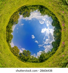 Vertigo sphere world. panoramic image looks like green planet. Ecology and space concept