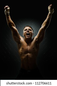 vertrical photo  muscular young  guy street-fighter,  triumphant cries  yell , hard light - Shutterstock ID 112706611