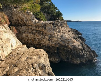 Verudela Canyon Entrance-side View At Verudela Peninsula, South From Pula, Istria, Croatia In January Winter Sun.