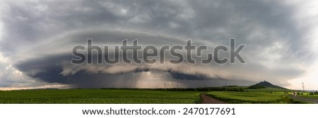 Very amazing structured shelf cloud on a storm squall line in Czech Republic, Europe. Panorama view of storm