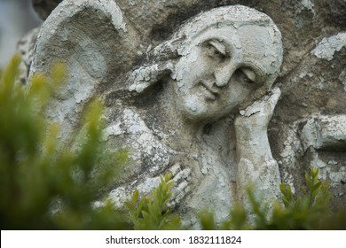 Very Ancient Statue Of Sad Angel As A Symbol Of Death, Eternity Life.