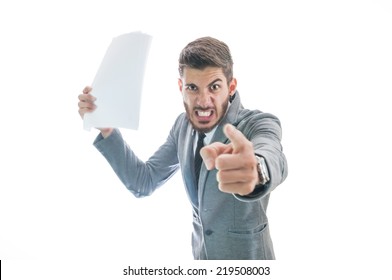 Very Angry Business Man. Boss Getting Angry With Employee And Firing Him For Losing Business Isolated On White Background With Copy Space For Text. Stressful Office Situation Concept