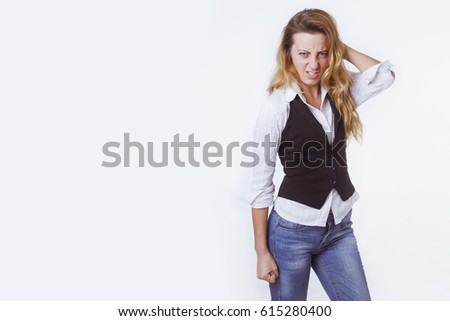 I'm very angry!!! Nervous businesswoman ready to fight and disputes. (Work, office life, leadership, conflict, body language, gestures concept)