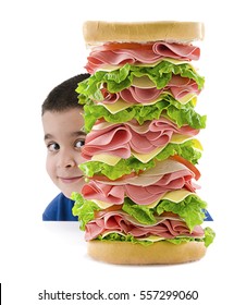 Very Big Sandwich And Little Child Isolated