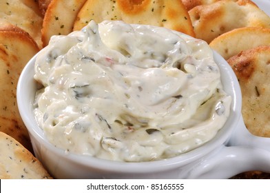 Very Close Up Photo Of Fresh Creamy Spinach Dip With Pita Crackers
