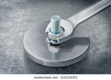 Very Close Up View Open End Wrench Tightens Nut On Bolt With Washer Engraver In Steel Detail On Metal Steel Plate - Shutterstock ID 2131519291