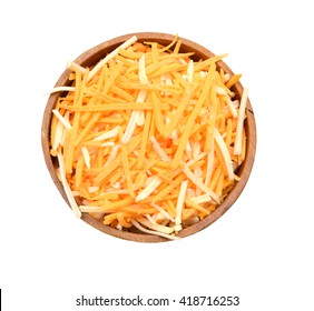 A Very Close View Of Shredded Cheese In Wooden Bowl On White Background 