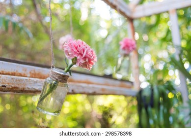 Very Cute Pink Flower In Diy Hanging Glass Bottle For Vase In Garden