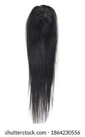 A Very Dark Brown Long Straight Wig Or Hair Topper Set Against A White Background.