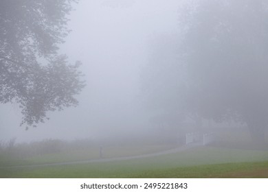 Very dense, thick fog obstructs a view of a footbridge on a path along a lake and green grass with trees on a dark morning in nature in this creepy scene. - Powered by Shutterstock