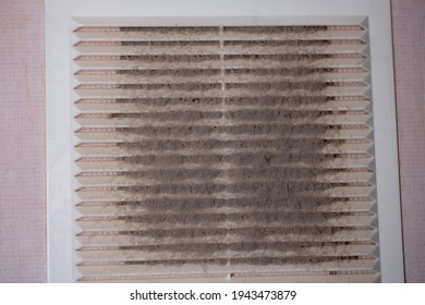 Very Dirty And Dusty White Plastic Ventilation Grill. Ventilation Shaft In The Apartment. Dirty Air Filter. House Cleaning Concept