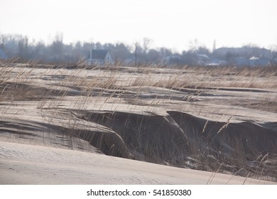 Very Dirty Snow As Result Of  Strong Wind. Wind Erosion Of Fertile Land. Aeolian Processes. Ukraine, Kiev Region.