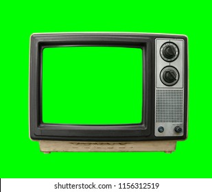 Very Dirty Vintage Television With Chroma Green Background And Screen.