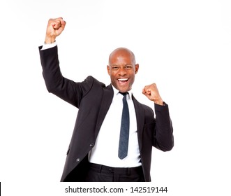 Very Excited African Business Man With His Arms In The Air Shot In An Isolated Background