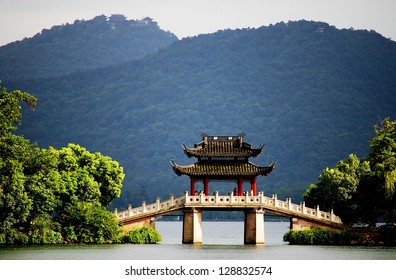 a very famous pavilion bridge-yu dai qiao (jade belt) - in west lake, hangzhou, china was built in song dynasty and rebuilt in qing dynasty