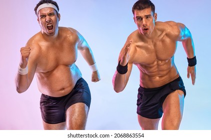 A very fat man jogging to lose weight and become a slim athlete. Running sport man. Awesome Before and After Weight Loss fitness Transformation. Fat to fit concept.