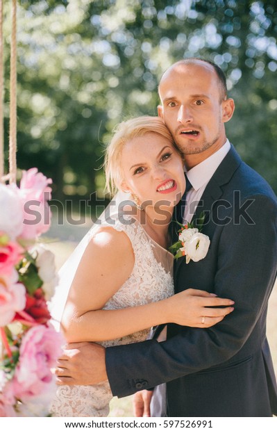 Very Funny Bride Groom Positive Couple Nature People Stock Image