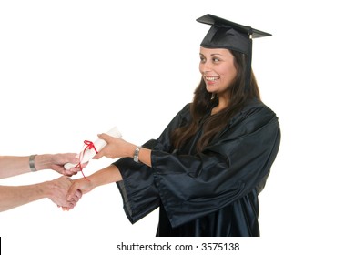 Very Happy Beautiful Young Woman Standing In Graduation Robes, Cap And Gown Receiving Her Diploma Or Degree.