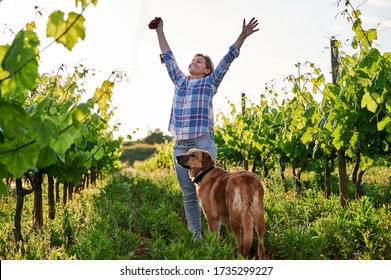 very happy woman walking in a vineyard
