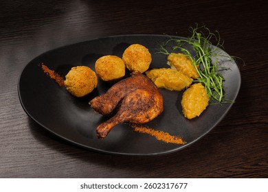 Very healthy roast duck thigh with potatoes and greens on a black plate on a wooden table serving in a restaurant. nice decoration of the dish. diet food in a restaurant. new recipe