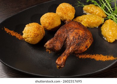 Very healthy roast duck thigh with potatoes and greens on a black plate on a wooden table serving in a restaurant. nice decoration of the dish. medium shot