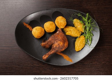 Very healthy roast duck thigh with potatoes and greens on a black plate on a wooden table serving in a restaurant. nice decoration of the dish. view from above