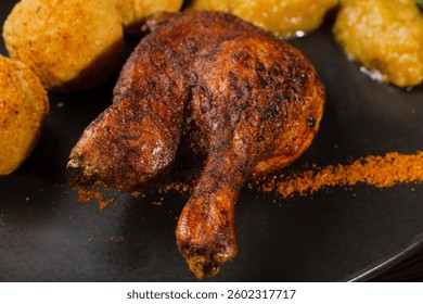 Very healthy roast duck thigh with potatoes and greens on a black plate on a wooden table serving in a restaurant. duck closeup