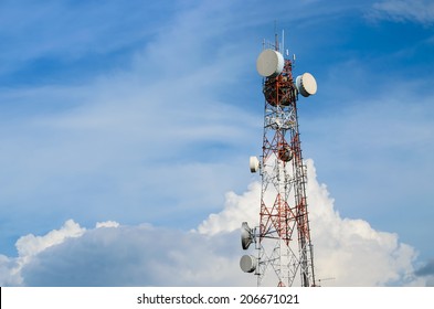 Very high telecommunication tower and blue sky.