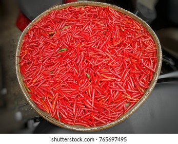 Very Hot Red Spicy Chili Have Capsicum Oleoresin Or Capsicin Extract. Chilies In The Weave Bamboo Basket.