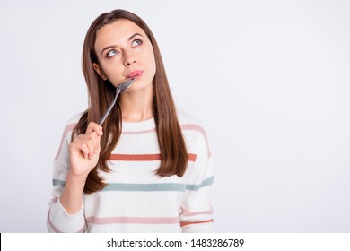 Very Hungry Lady Holding Spoon Into Mouth Dream Of Tasty Meal Wear Striped Pullover Isolated White Background