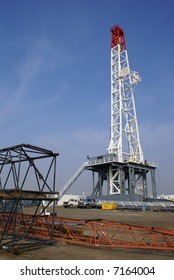 A Very Large Oil Well Drilling Rig Sets Up In Kern County, California